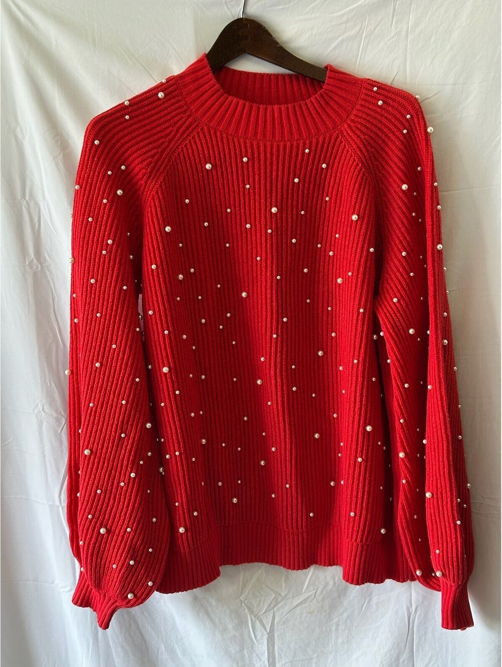 G by Giuliana Red Ribbed Knit Sweater with Faux Pearls Women's Size 1X New